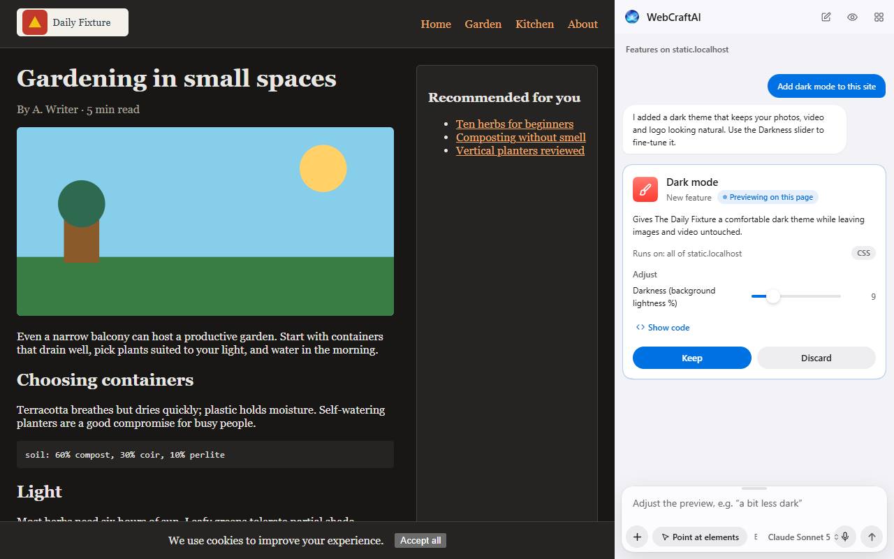 Dark mode added to a website with WebCraftAI